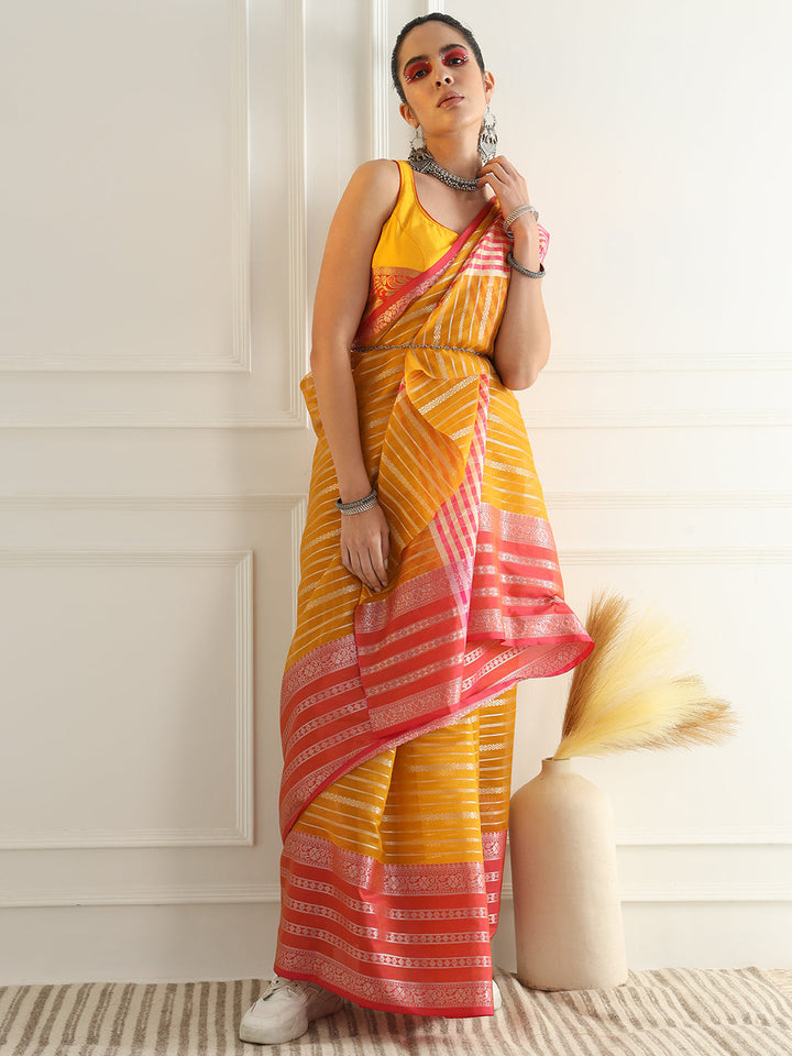 Yellow Chanderi Silk Stripes Woven Traditional Saree