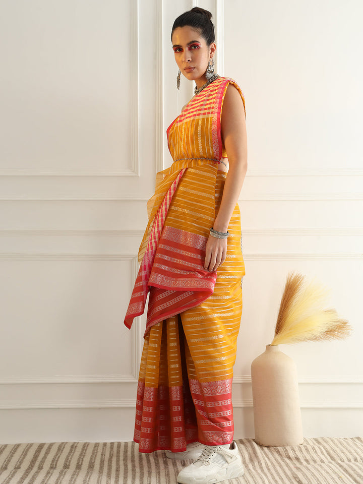 Yellow Chanderi Silk Stripes Woven Traditional Saree