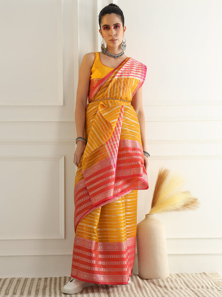 Yellow Chanderi Silk Stripes Woven Traditional Saree