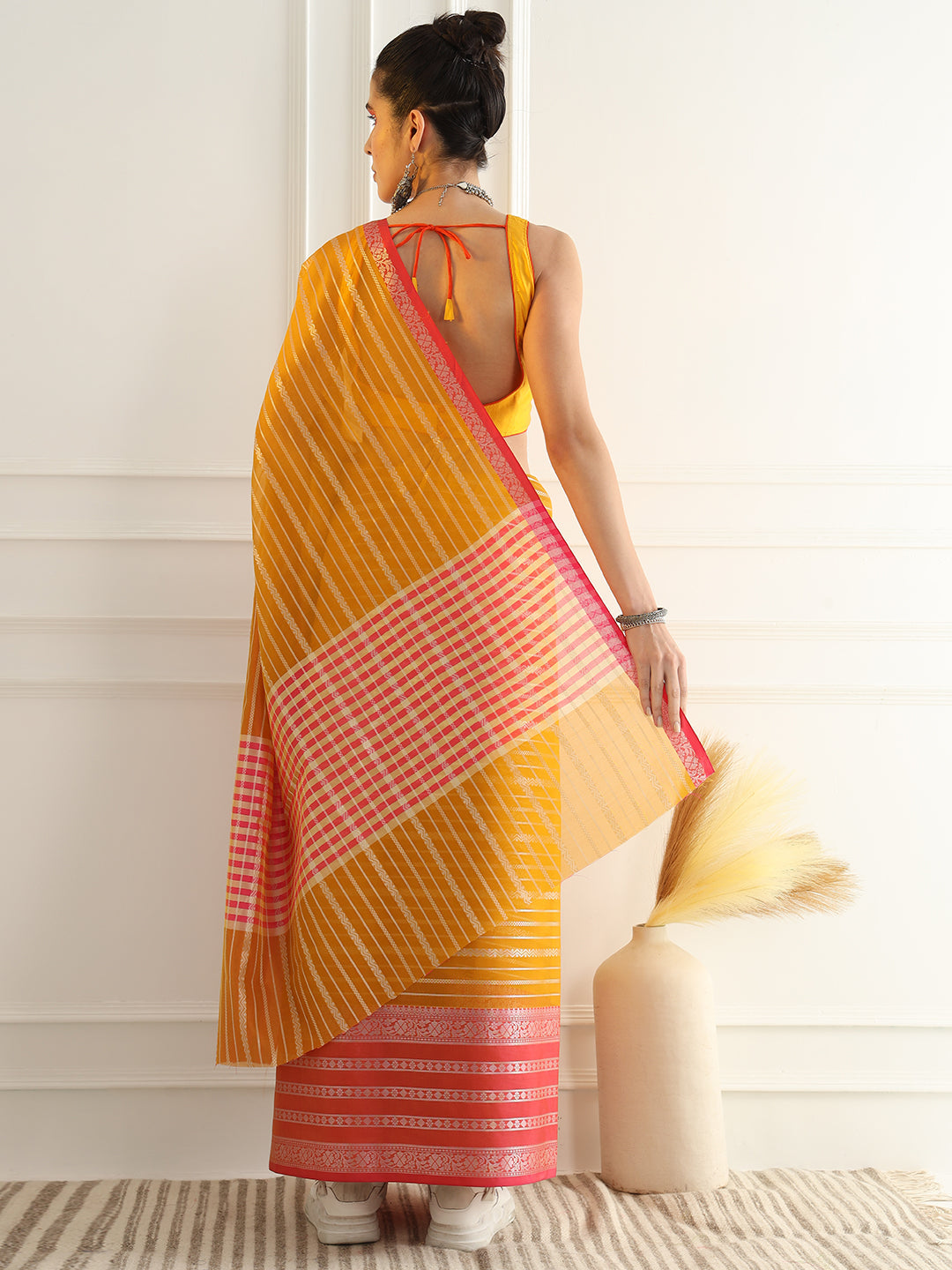 Yellow Chanderi Silk Stripes Woven Traditional Saree