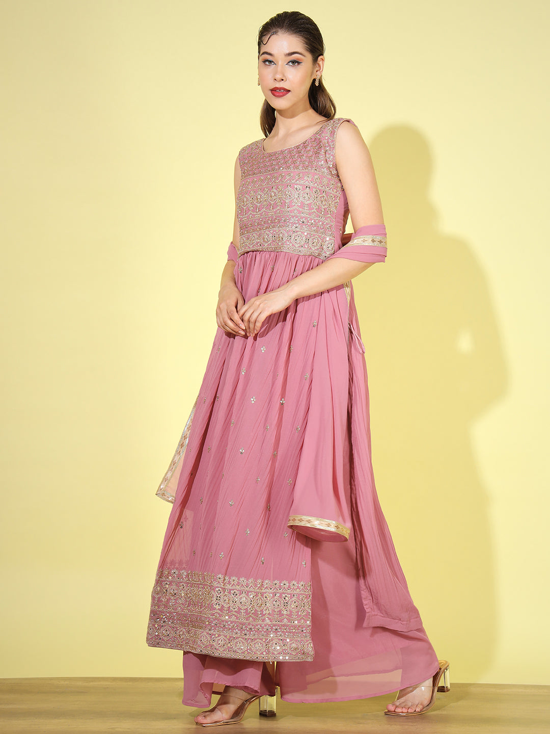 Sequin Embellished Nyraa Style High Slit Pleated Kurta Palazzo Set