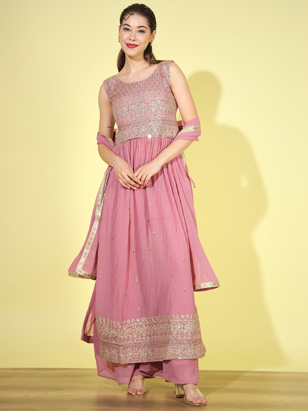Sequin Embellished Nyraa Style High Slit Pleated Kurta Palazzo Set