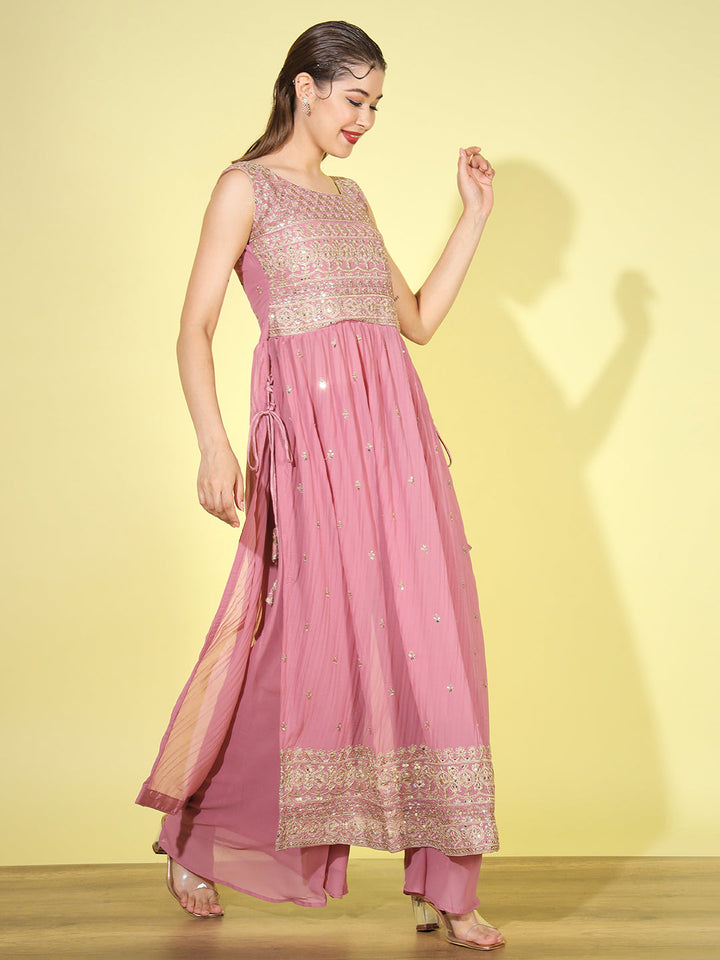 Sequin Embellished Nyraa Style High Slit Pleated Kurta Palazzo Set