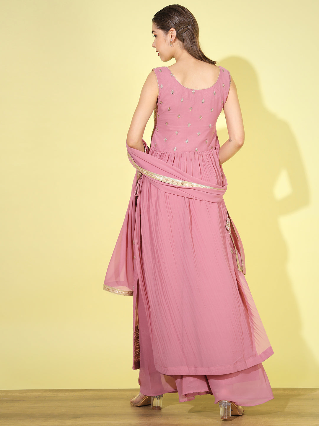 Sequin Embellished Nyraa Style High Slit Pleated Kurta Palazzo Set