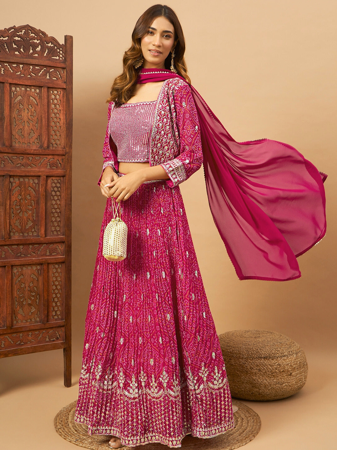 Chhabra 555 Magenta Bandhani Print Flared Lehenga Choli Set with Sequin Resham Embroidered Jacket