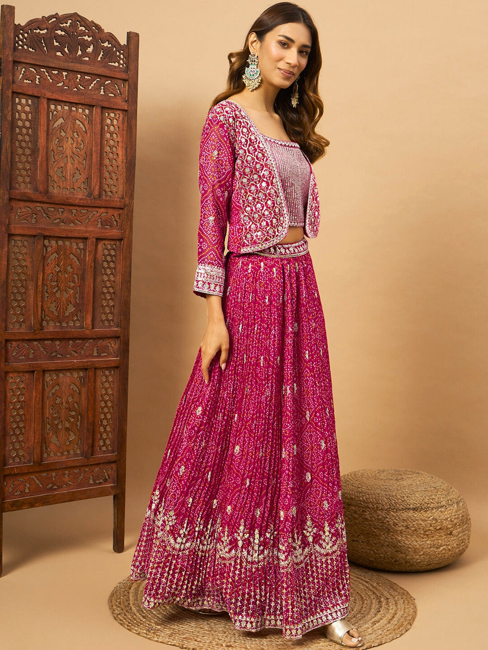 Chhabra 555 Magenta Bandhani Print Flared Lehenga Choli Set with Sequin Resham Embroidered Jacket
