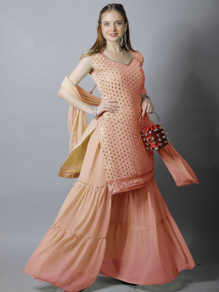 Peach Sequin Embroidered Georgette Kurta with Layered Sharara