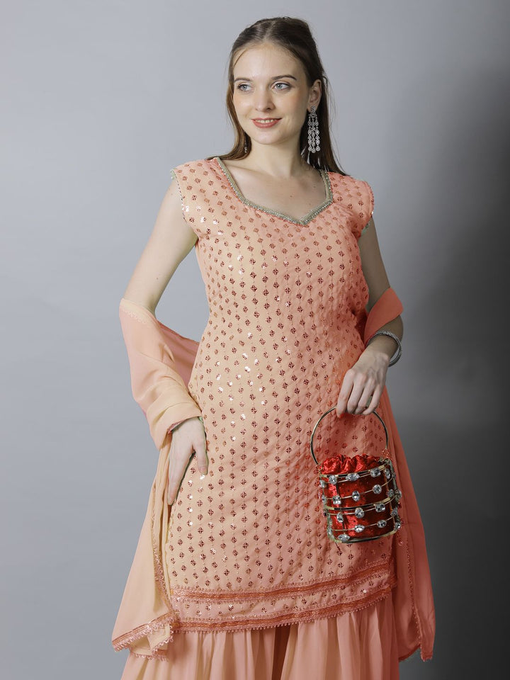 Peach Sequin Embroidered Georgette Kurta with Layered Sharara