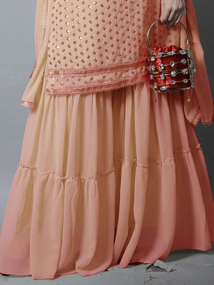 Peach Sequin Embroidered Georgette Kurta with Layered Sharara