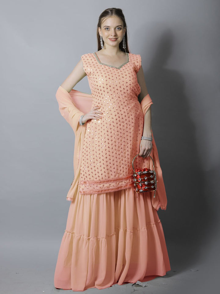 Peach Sequin Embroidered Georgette Kurta with Layered Sharara