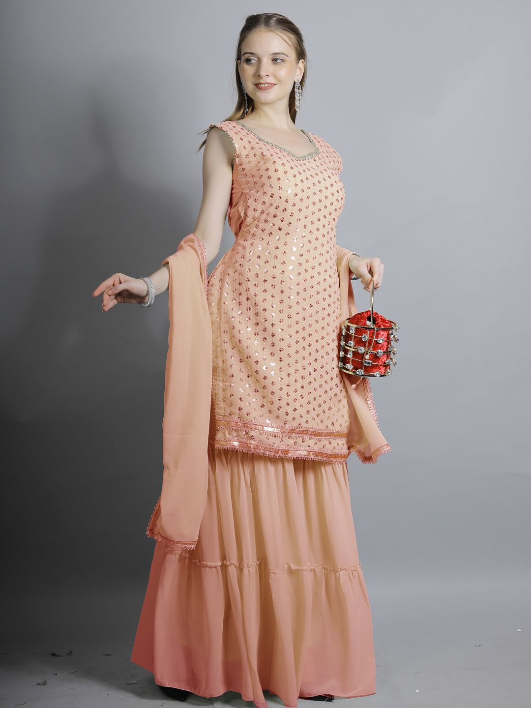 Peach Sequin Embroidered Georgette Kurta with Layered Sharara