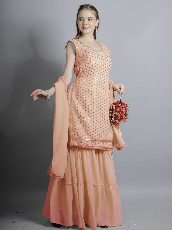 Peach Sequin Embroidered Georgette Kurta with Layered Sharara