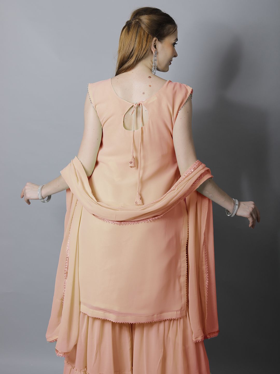 Peach Sequin Embroidered Georgette Kurta with Layered Sharara