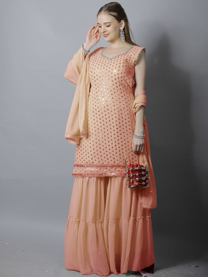 Peach Sequin Embroidered Georgette Kurta with Layered Sharara