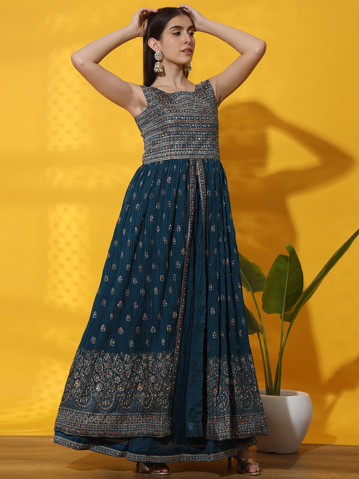 Mirror Embellished Jacket style Front Slit Kurta with Pleated Lehenga