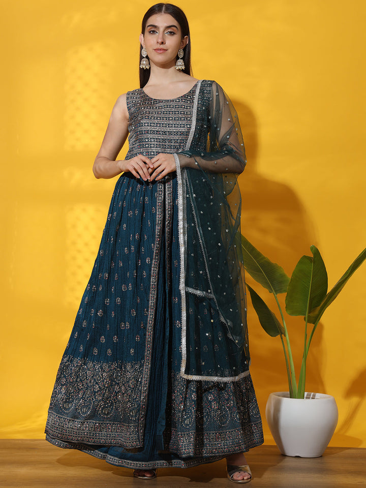 Mirror Embellished Jacket style Front Slit Kurta with Pleated Lehenga