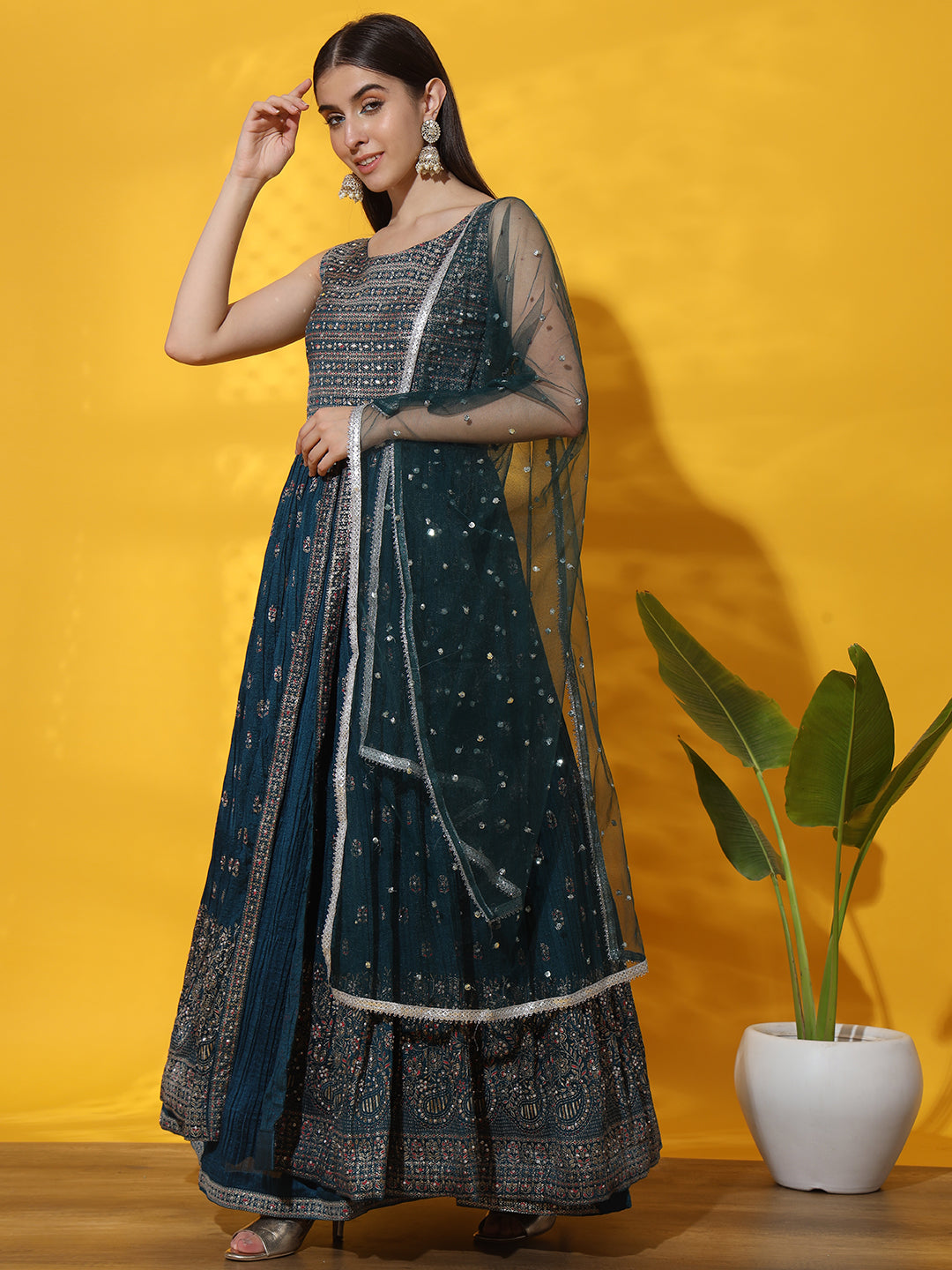 Mirror Embellished Jacket style Front Slit Kurta with Pleated Lehenga