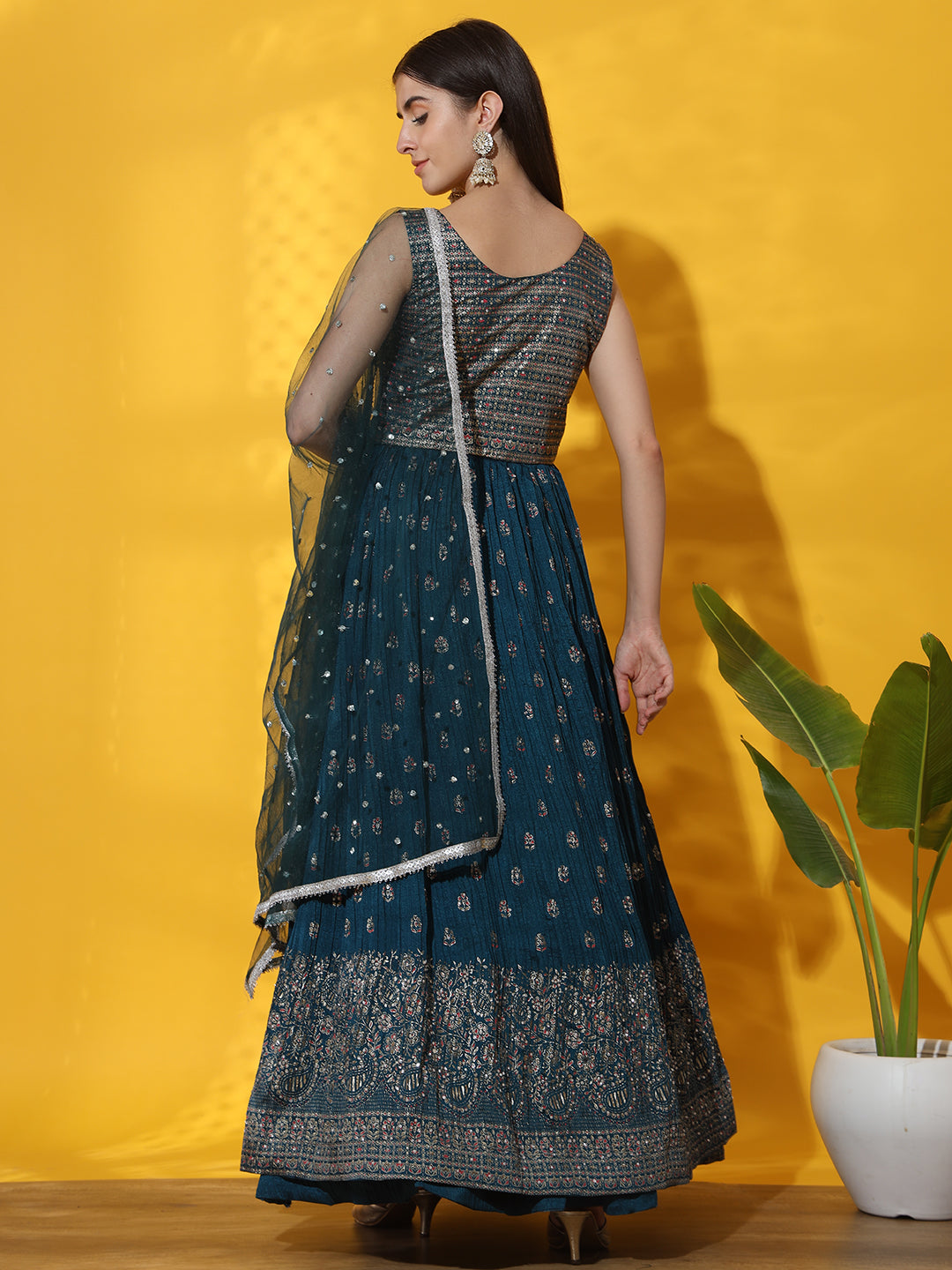 Mirror Embellished Jacket style Front Slit Kurta with Pleated Lehenga