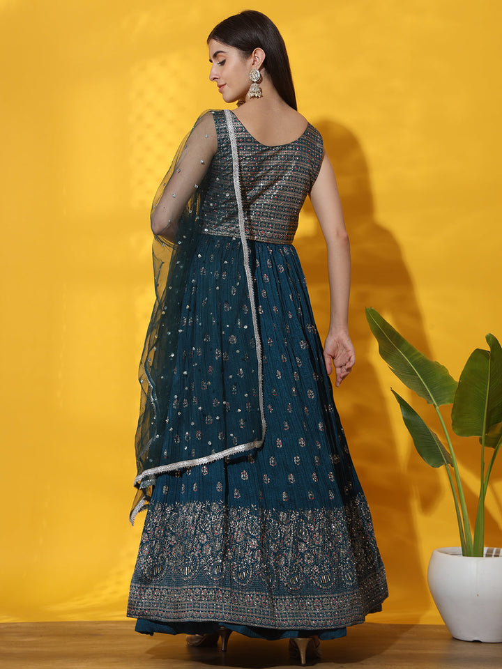 Mirror Embellished Jacket style Front Slit Kurta with Pleated Lehenga