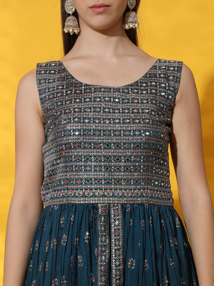 Mirror Embellished Jacket style Front Slit Kurta with Pleated Lehenga