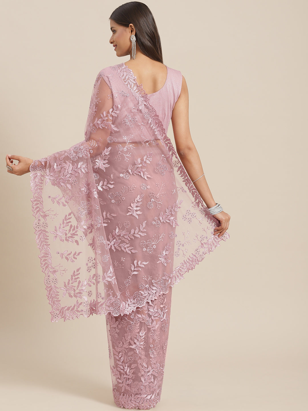 Pastel Nude Pink Resham Embroidered Tulle Saree With Cut-Work Border