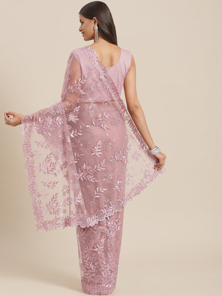 Pastel Nude Pink Resham Embroidered Tulle Saree With Cut-Work Border