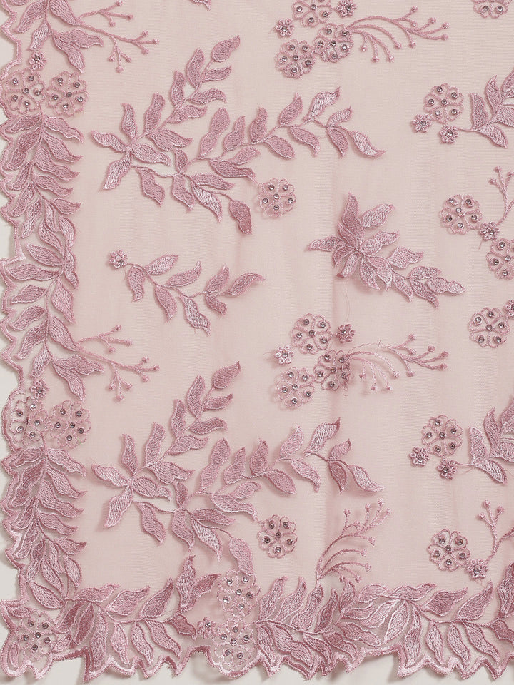 Pastel Nude Pink Resham Embroidered Tulle Saree With Cut-Work Border