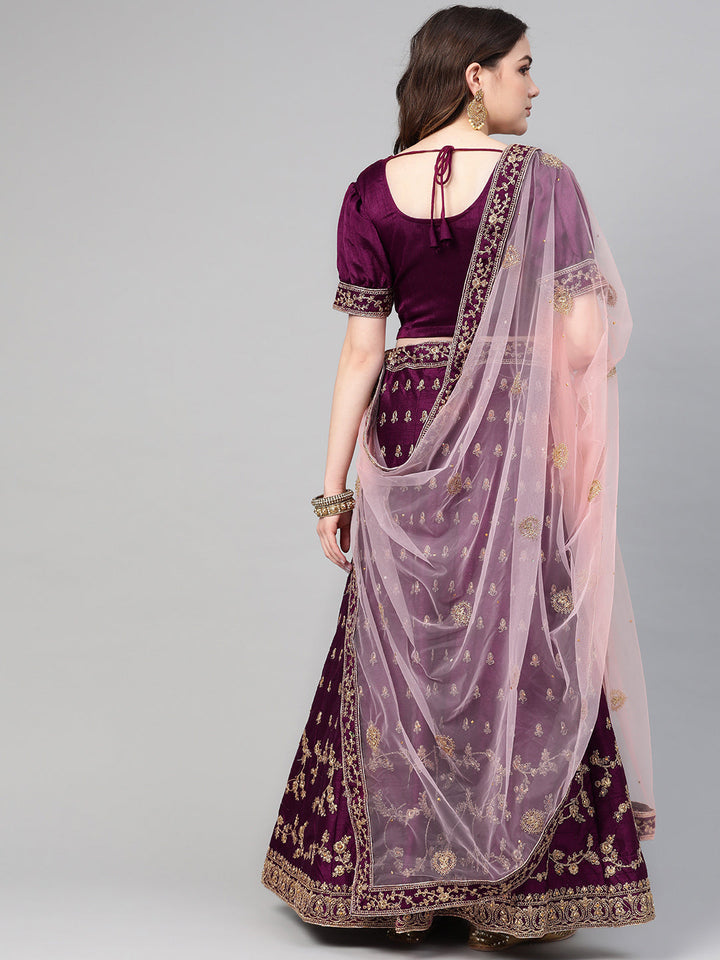 Zari and Aari Embroidered Semi-stitched Silk Lehenga