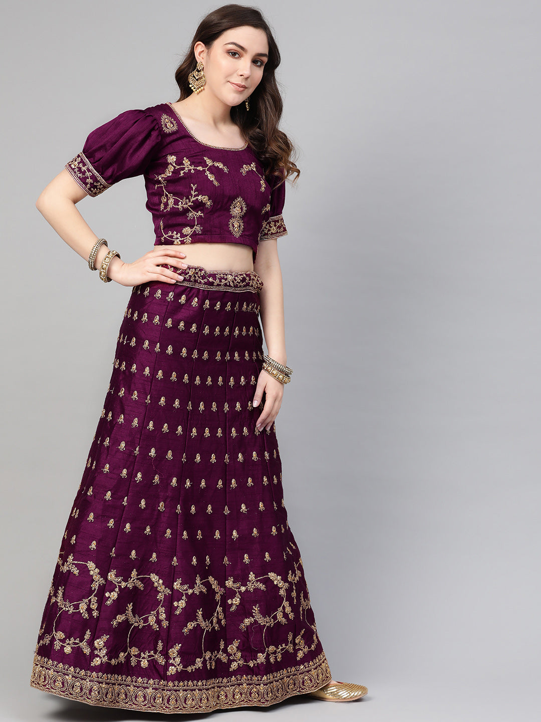 Zari and Aari Embroidered Semi-stitched Silk Lehenga