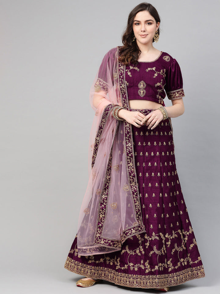 Zari and Aari Embroidered Semi-stitched Silk Lehenga