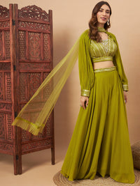 Chhabra 555 Mehendi Green Sequin Embellished Crop-Top Palazzo Set with Jasmine style Cape Sleeves 