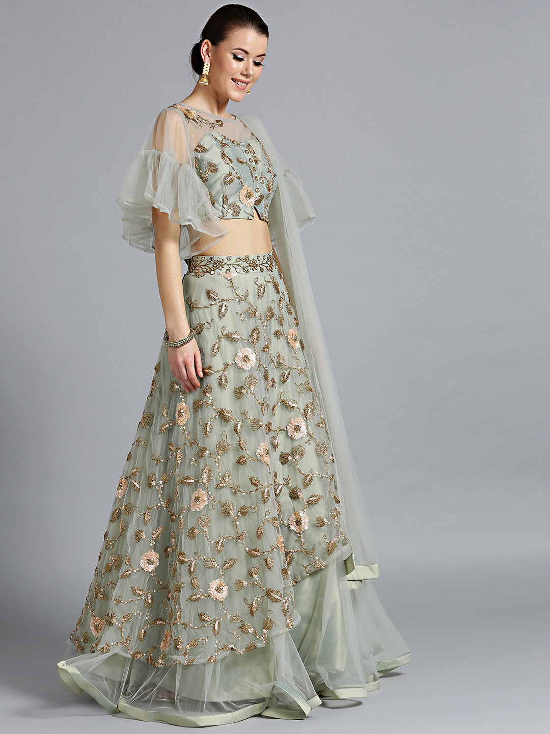 Zari Sequin Embroidered Crop top Lehenga with Bell Sleeves