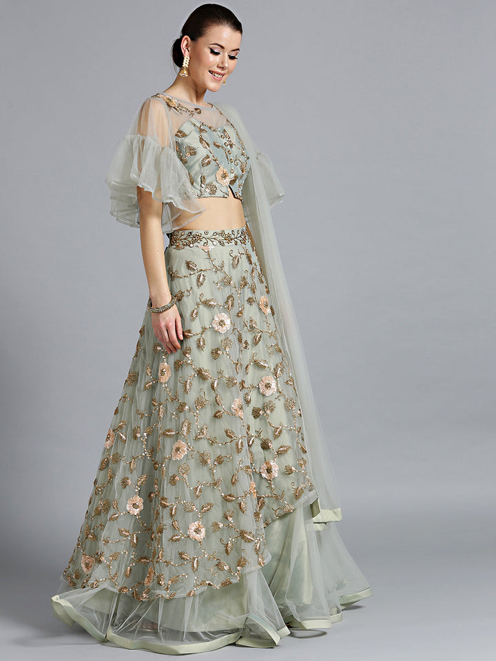 Zari Sequin Embroidered Crop top Lehenga with Bell Sleeves