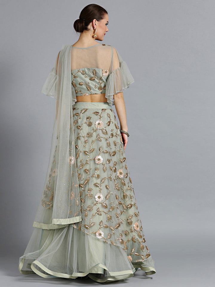 Zari Sequin Embroidered Crop top Lehenga with Bell Sleeves
