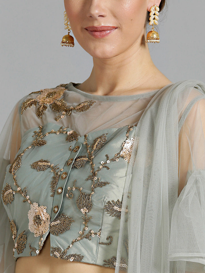 Zari Sequin Embroidered Crop top Lehenga with Bell Sleeves