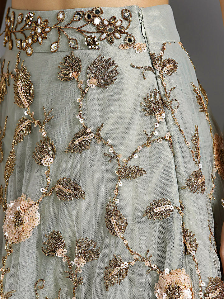 Zari Sequin Embroidered Crop top Lehenga with Bell Sleeves