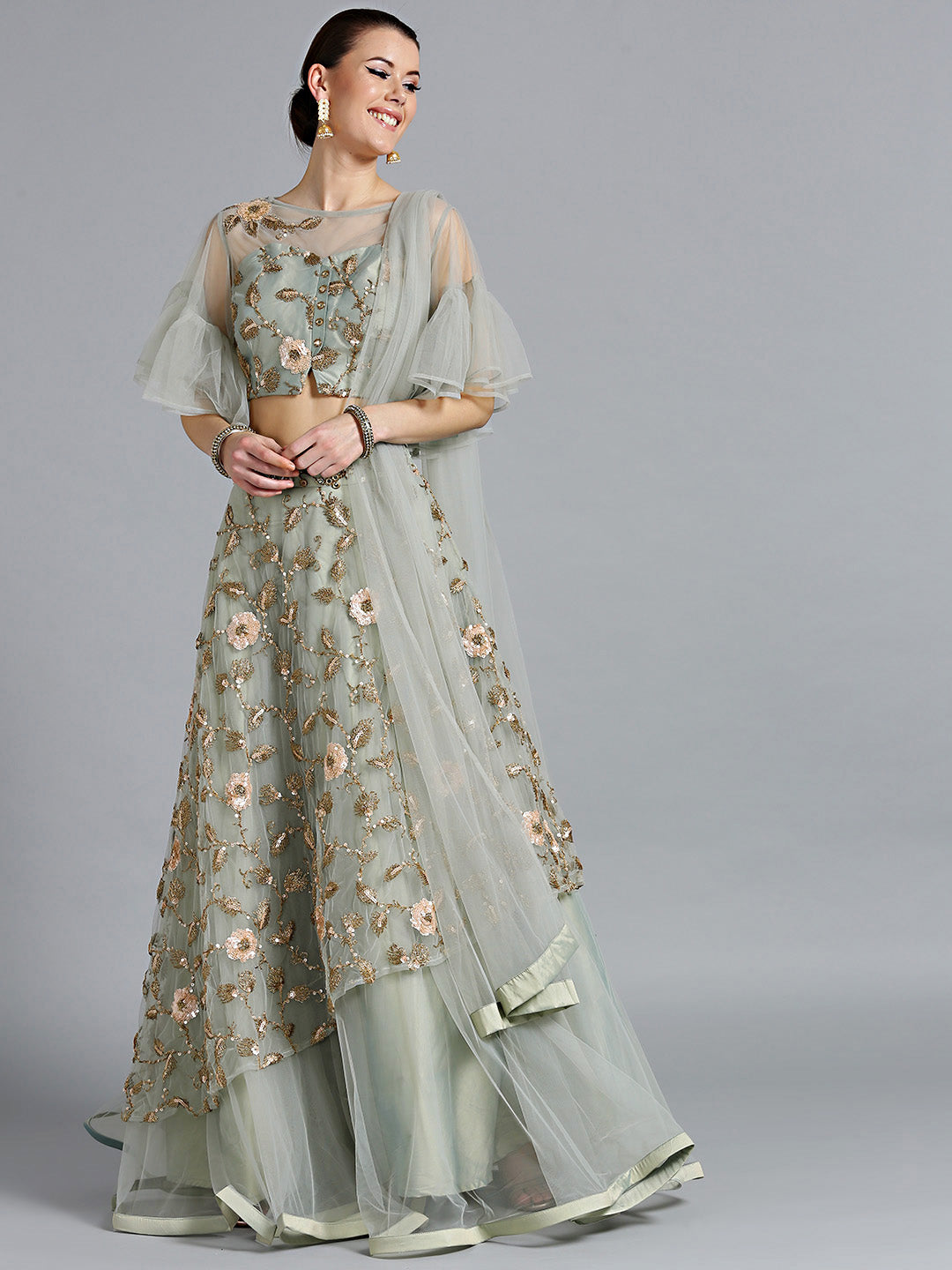 Zari Sequin Embroidered Crop top Lehenga with Bell Sleeves