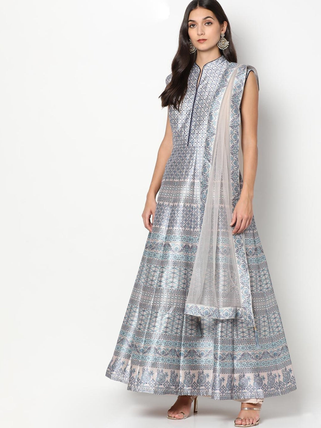 Silver Grey Long Digital Printed Gown With Net Dupatta