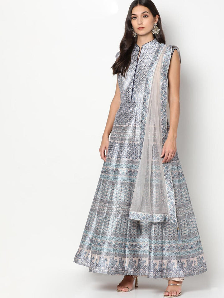 Silver Grey Long Digital Printed Gown With Net Dupatta