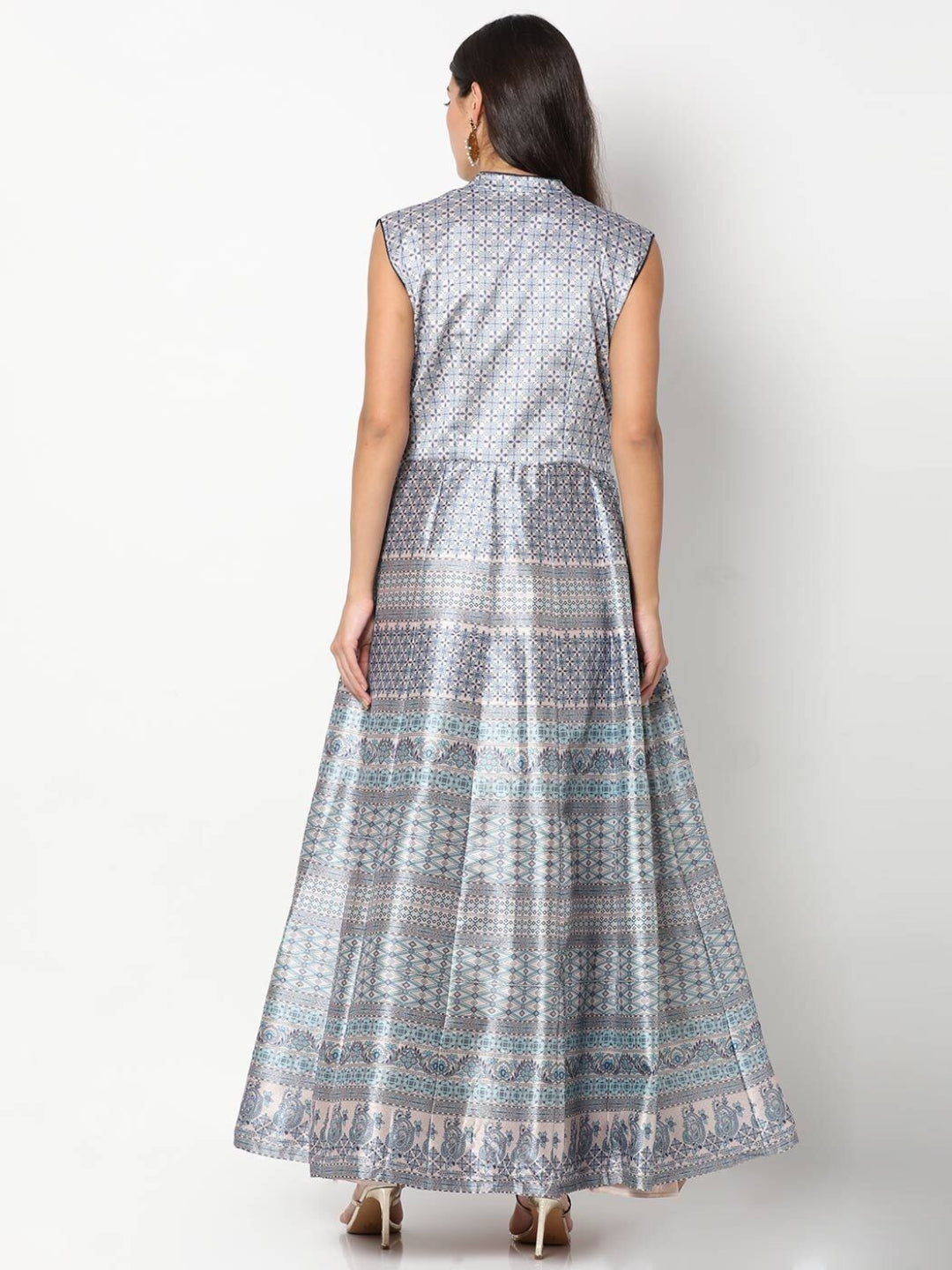 Silver Grey Long Digital Printed Gown With Net Dupatta