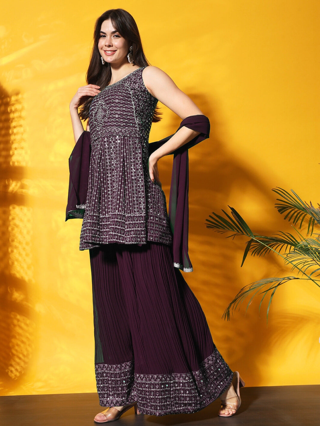 Mirror Embellished Kalidar Kurta Set with Pleated Palazzo