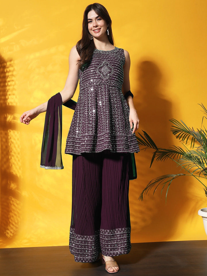 Mirror Embellished Kalidar Kurta Set with Pleated Palazzo