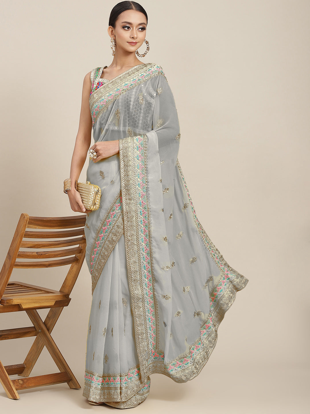 Pastel Grey Resham Embroidery & Stone Embellished Georgette Saree