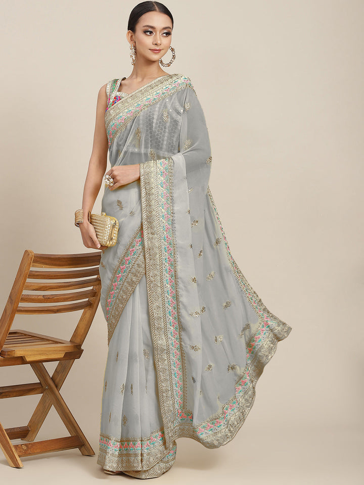 Pastel Grey Resham Embroidery & Stone Embellished Georgette Saree