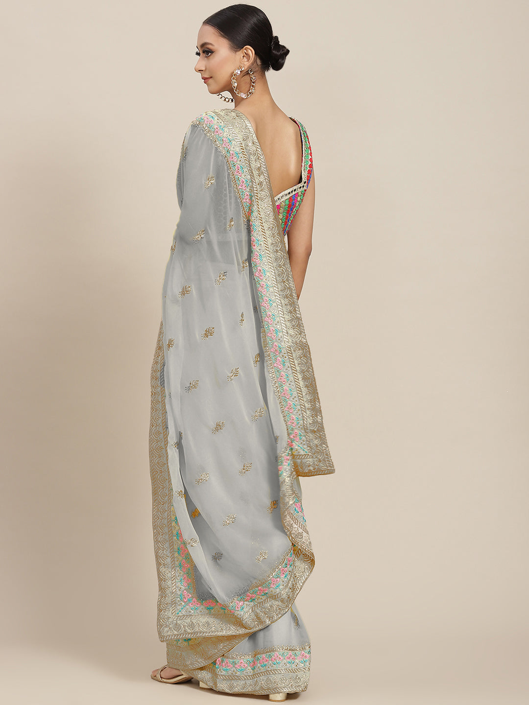 Pastel Grey Resham Embroidery & Stone Embellished Georgette Saree