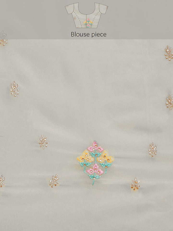 Pastel Grey Resham Embroidery & Stone Embellished Georgette Saree