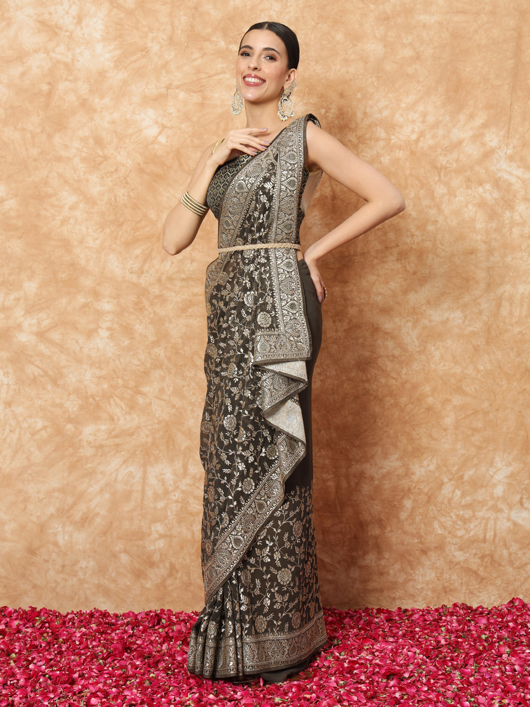 Green Embellished saree with Allover Floral Resham Embroidery