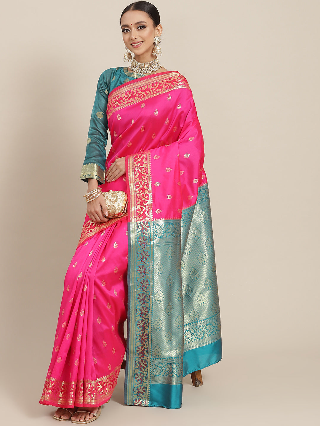 Fuchsia Pink Floral Motifs Banarasi Silk Saree with Contrast Pallu