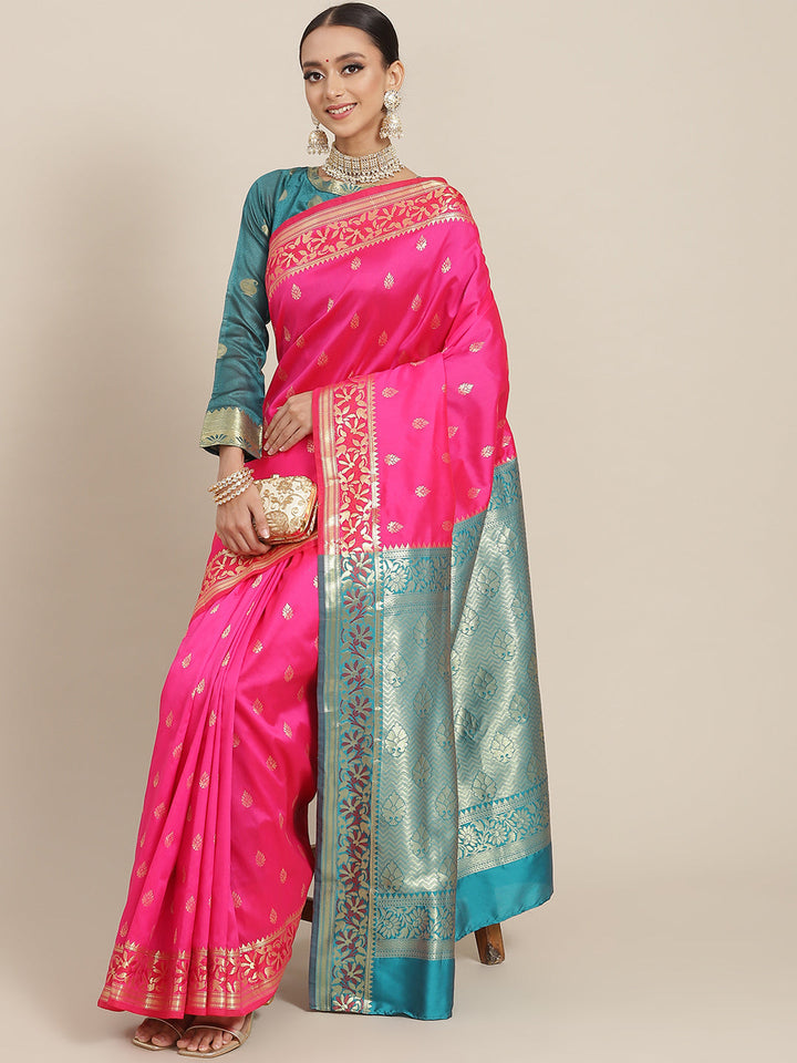 Fuchsia Pink Floral Motifs Banarasi Silk Saree with Contrast Pallu