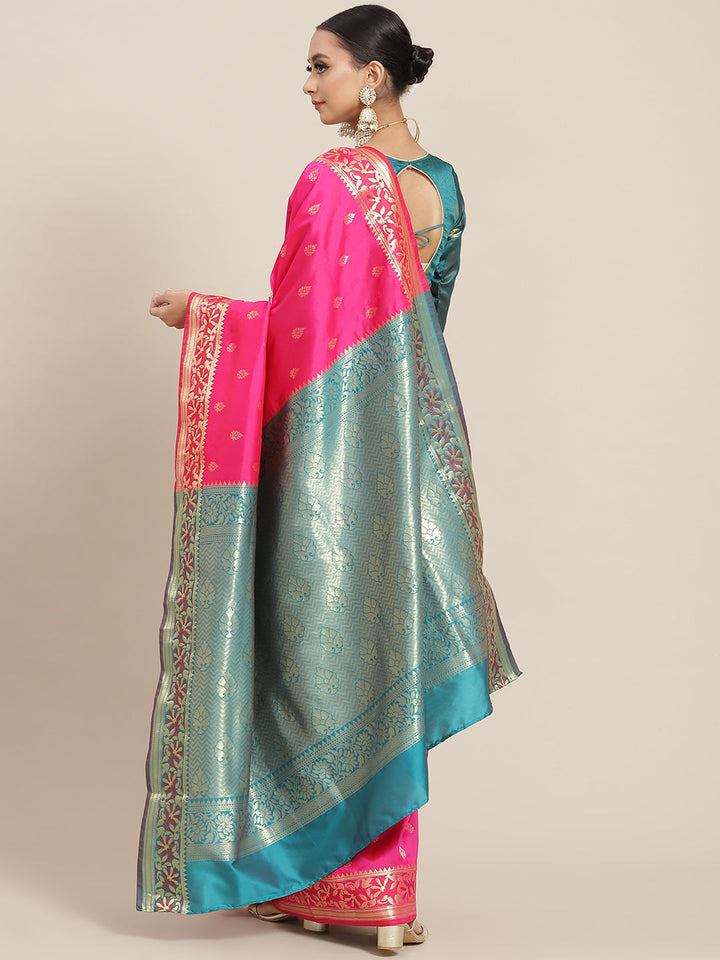 Fuchsia Pink Floral Motifs Banarasi Silk Saree with Contrast Pallu
